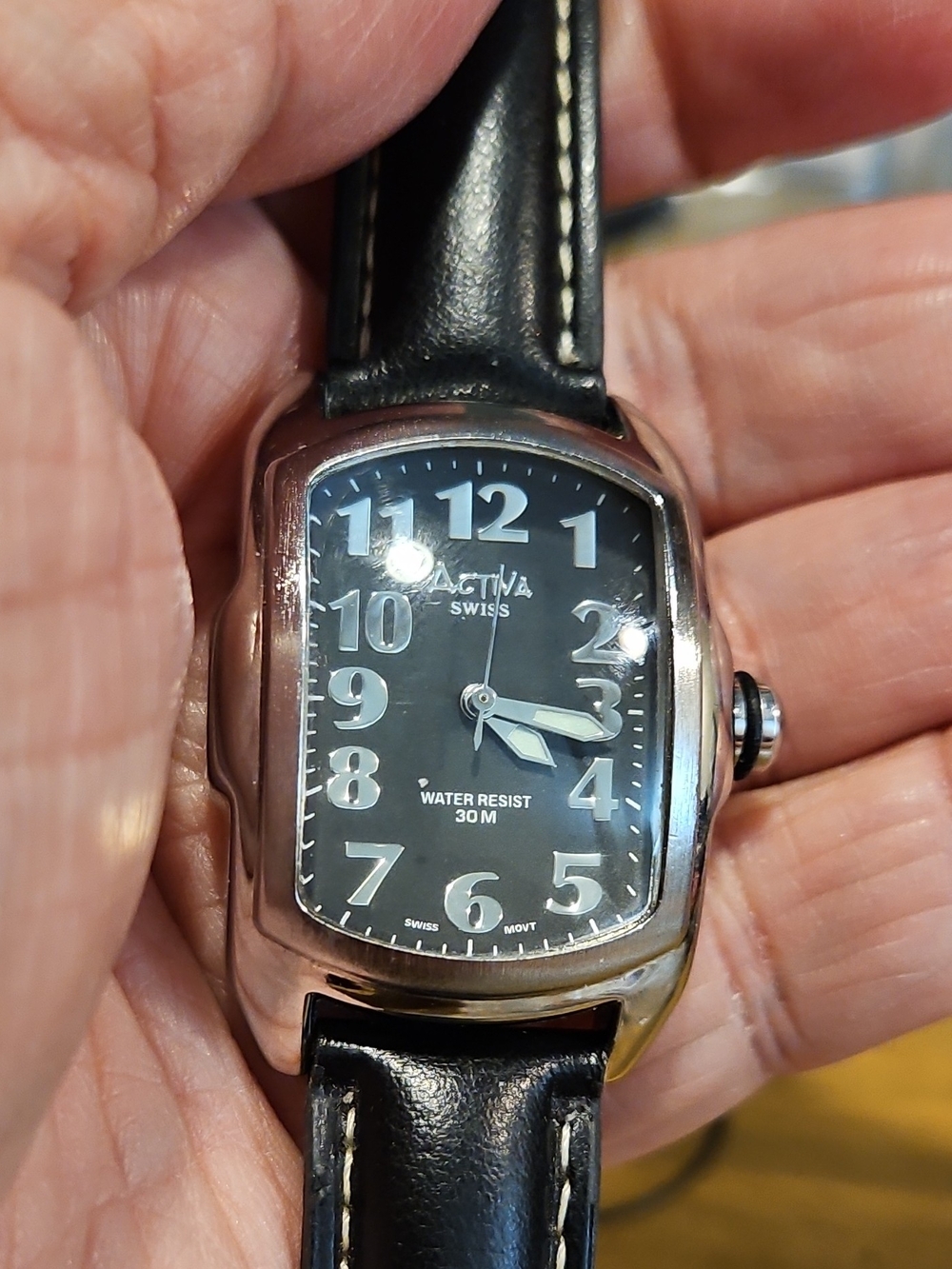 Activa Swiss Black Leather Strap Men's Watch - Black Dial